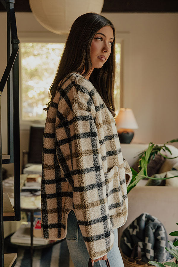 Plaid Sherpa Jacket with Button Front and Relaxed Fit, Hip Length