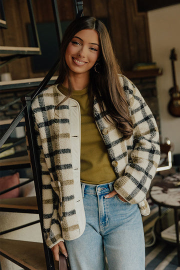 Plaid Sherpa Jacket with Button Front and Relaxed Fit, Hip Length
