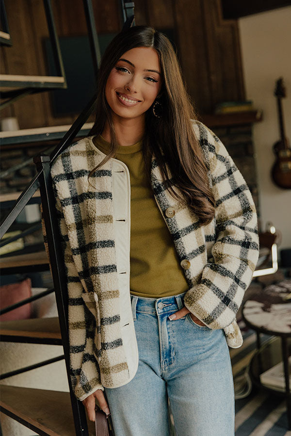 Plaid Sherpa Jacket with Button Front and Relaxed Fit, Hip Length