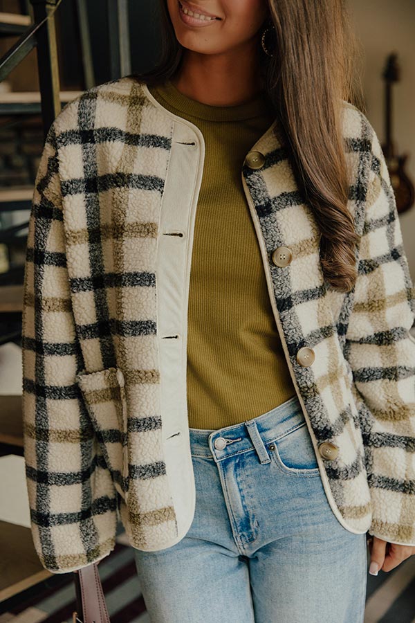 Plaid Sherpa Jacket with Button Front and Relaxed Fit, Hip Length