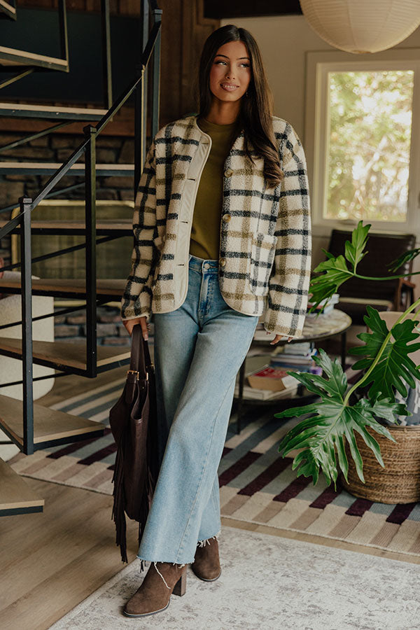Plaid Sherpa Jacket with Button Front and Relaxed Fit, Hip Length