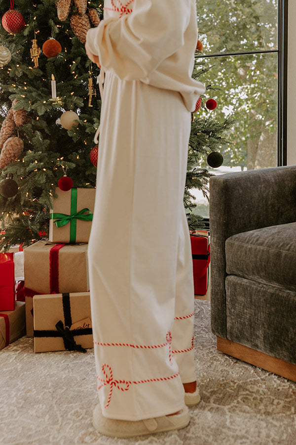 Women's Wide Leg Lounge Pants with Elastic Drawstring and Striped Bow Ankle Trim