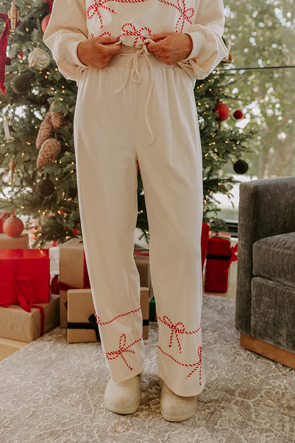 Women's Wide Leg Lounge Pants with Elastic Drawstring and Striped Bow Ankle Trim