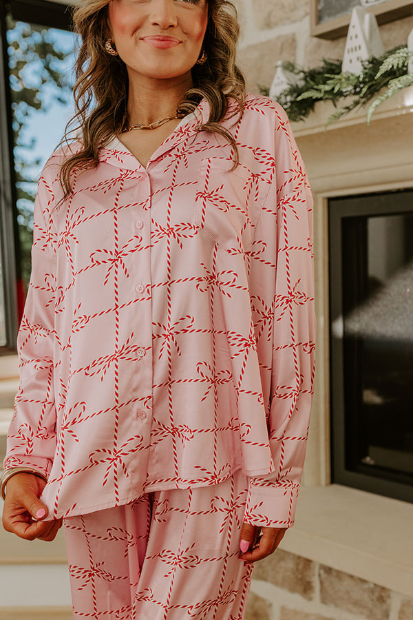 Satin Pajama Top with Striped Bow Print and Buttoned Cuffs, Chest Pocket