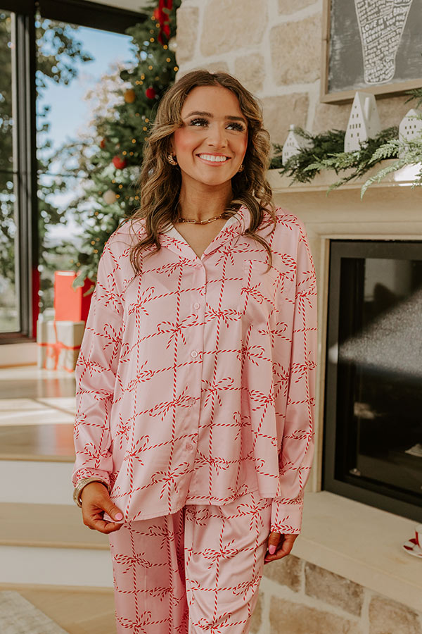 Satin Pajama Top with Striped Bow Print and Buttoned Cuffs, Chest Pocket