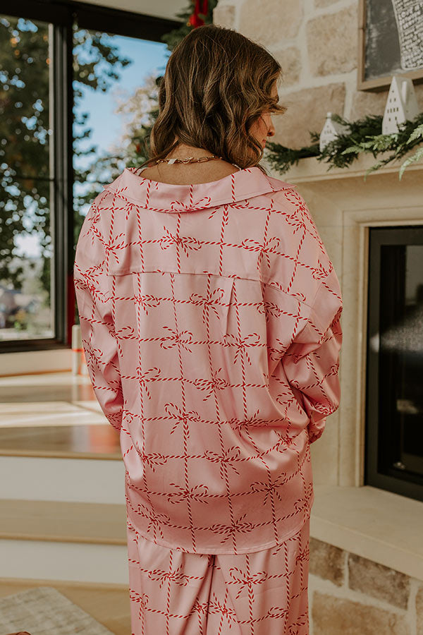 Satin Pajama Top with Striped Bow Print and Buttoned Cuffs, Chest Pocket