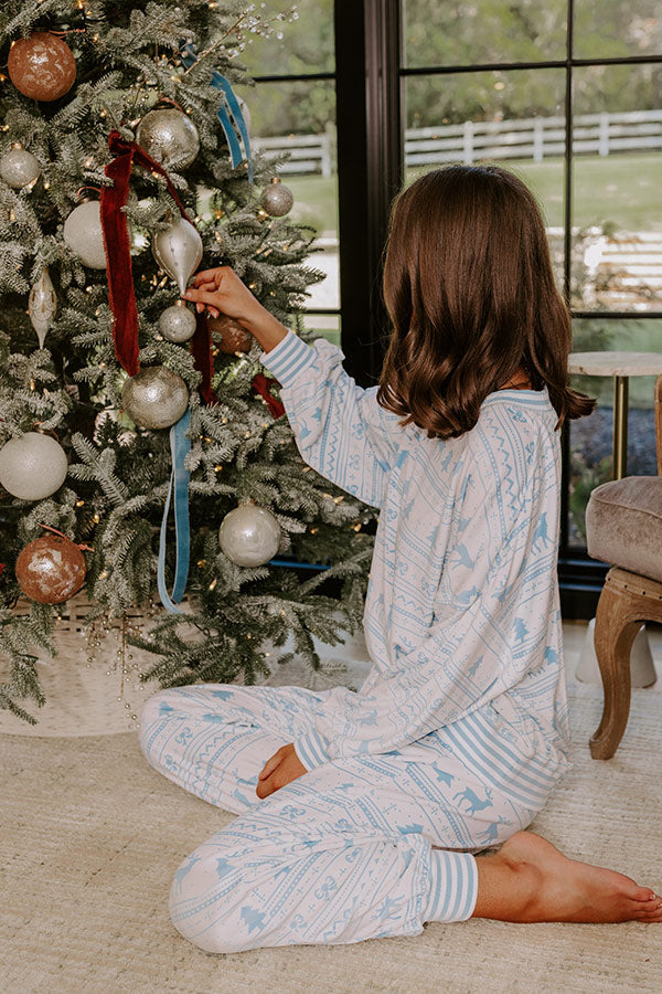 Velour Pajama Top with Reindeer Print and Ribbed Trim, Striped Neckline