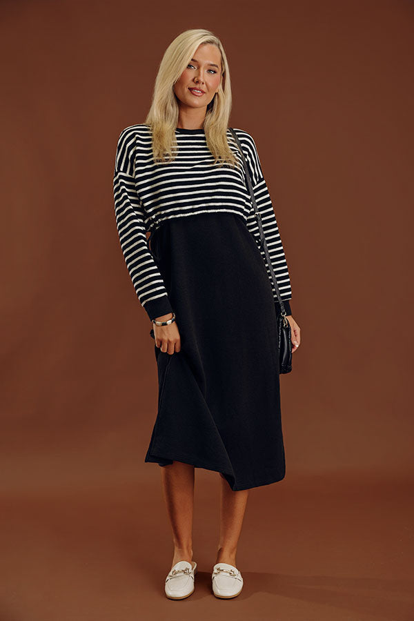 Striped Waffle Knit Midi Dress with Drawstring Waist and Side Slits