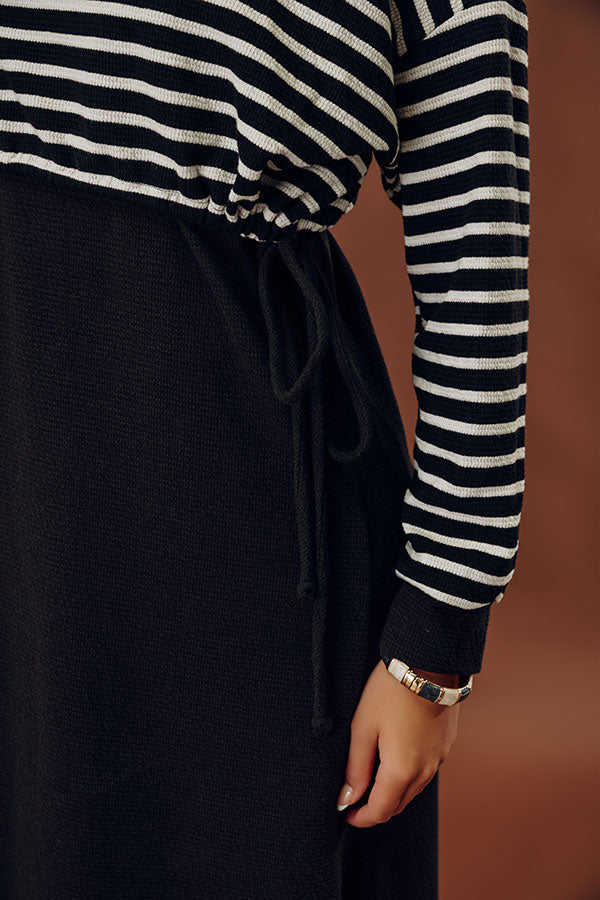 Striped Waffle Knit Midi Dress with Drawstring Waist and Side Slits