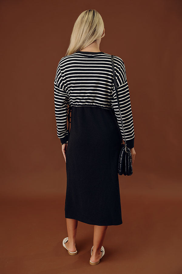 Striped Waffle Knit Midi Dress with Drawstring Waist and Side Slits