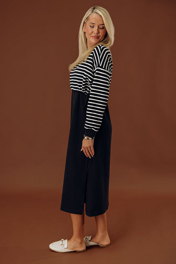 Striped Waffle Knit Midi Dress with Drawstring Waist and Side Slits