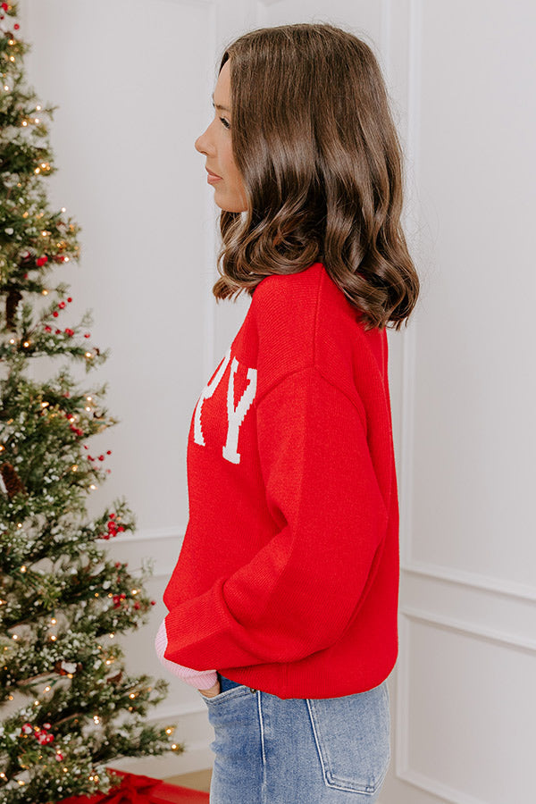 Crew Neck Knit Sweater with Ivory Lettering and Pink Ribbed Trim