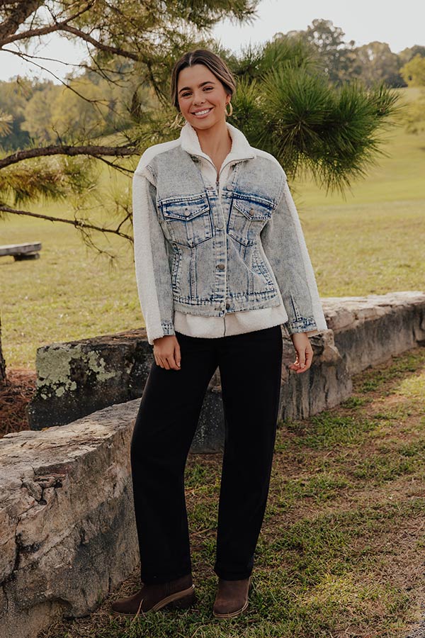 Sherpa Denim Jacket with Faded Denim Accents and Dual Zipper Button Closure