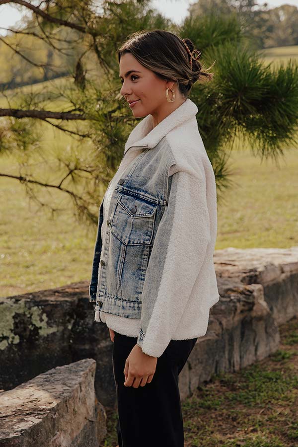 Sherpa Denim Jacket with Faded Denim Accents and Dual Zipper Button Closure