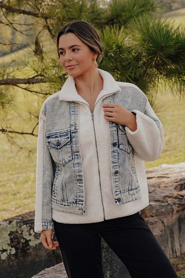 Sherpa Denim Jacket with Faded Denim Accents and Dual Zipper Button Closure