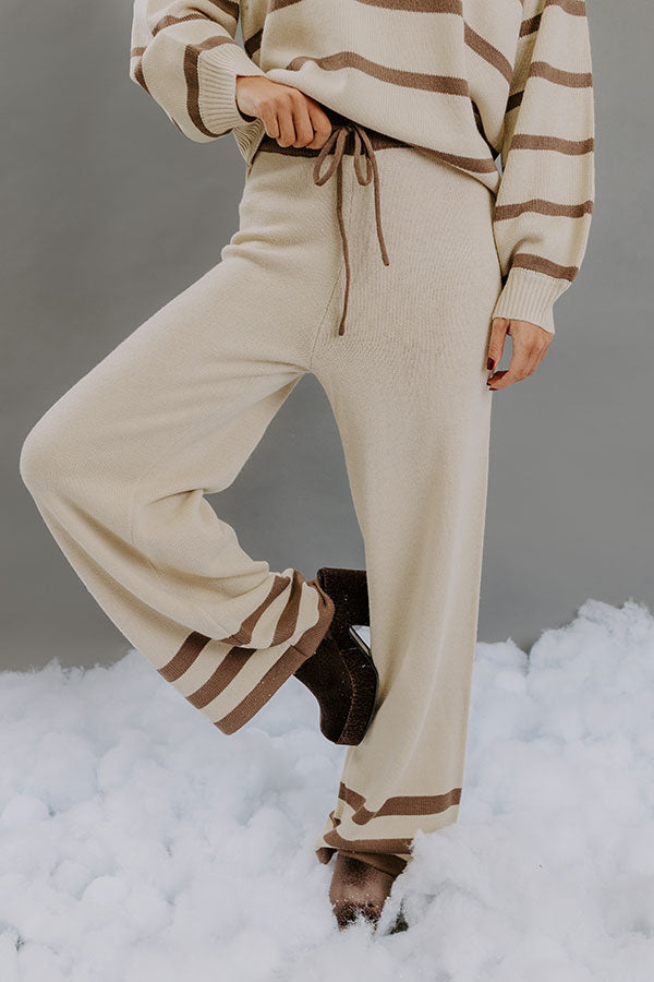 High Waist Striped Knit Pants with Elastic Drawstring and Straight Leg