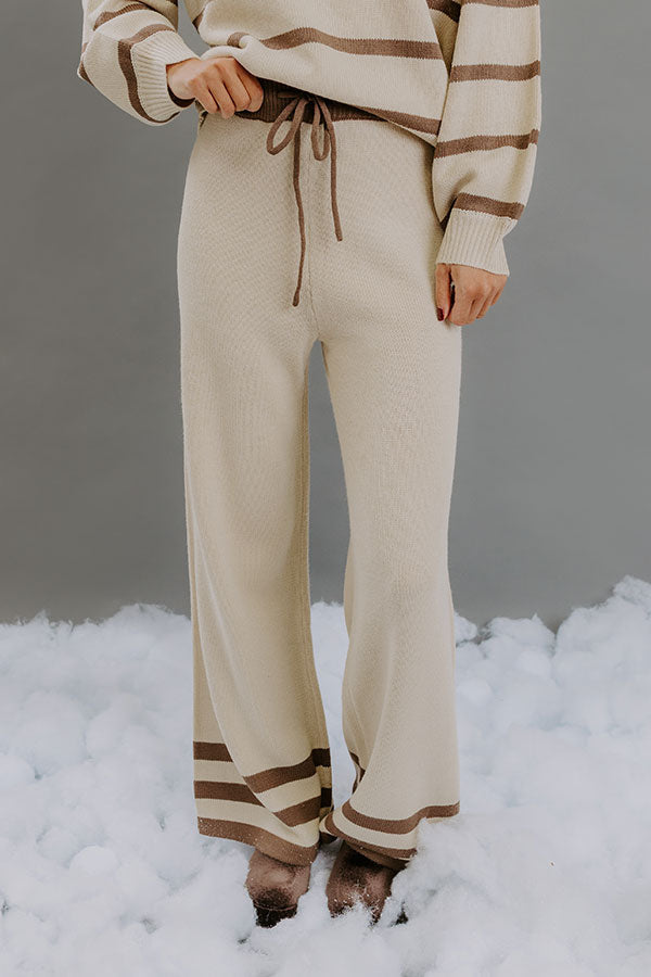 High Waist Striped Knit Pants with Elastic Drawstring and Straight Leg