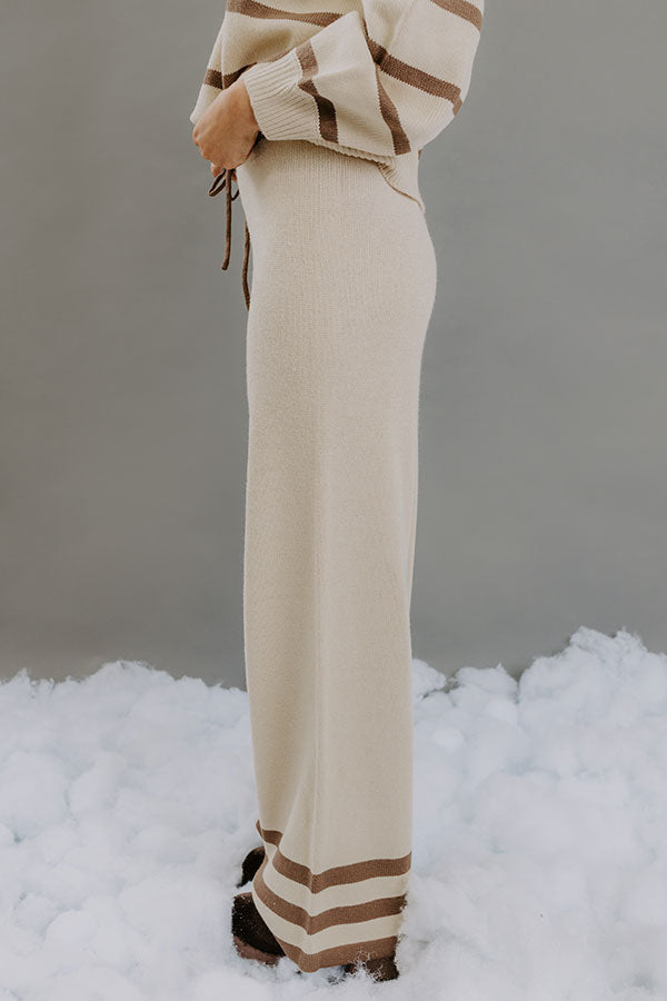 High Waist Striped Knit Pants with Elastic Drawstring and Straight Leg