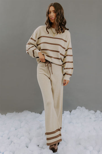 High Waist Striped Knit Pants with Elastic Drawstring and Straight Leg
