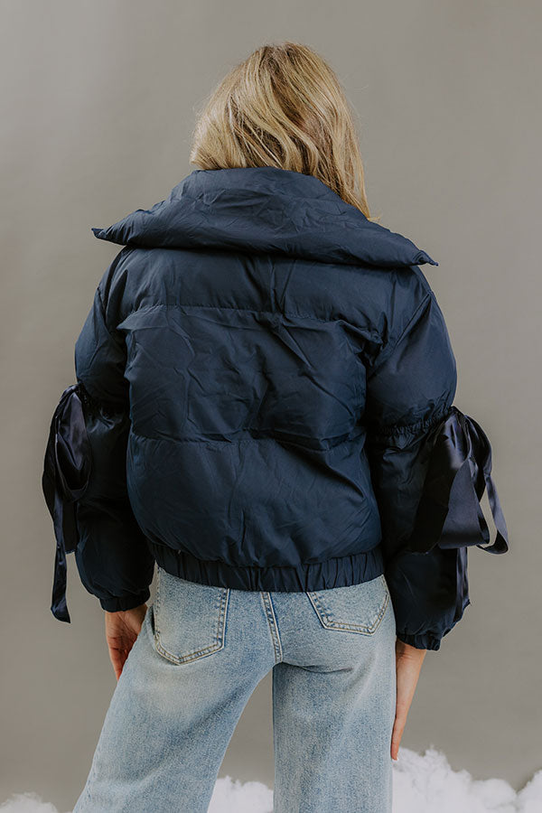 Quilted Puffer Jacket with Mock Neckline and Satin Bow Accents, Navy