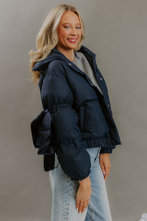 Quilted Puffer Jacket with Mock Neckline and Satin Bow Accents, Navy