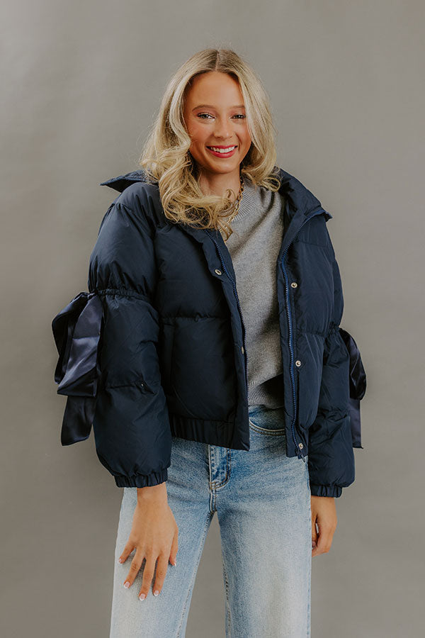 Quilted Puffer Jacket with Mock Neckline and Satin Bow Accents, Navy