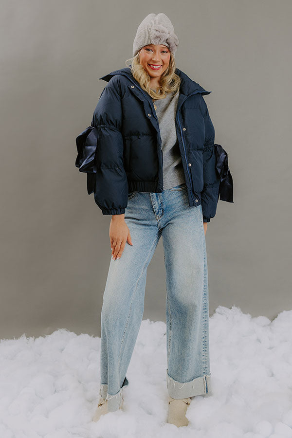 Quilted Puffer Jacket with Mock Neckline and Satin Bow Accents, Navy