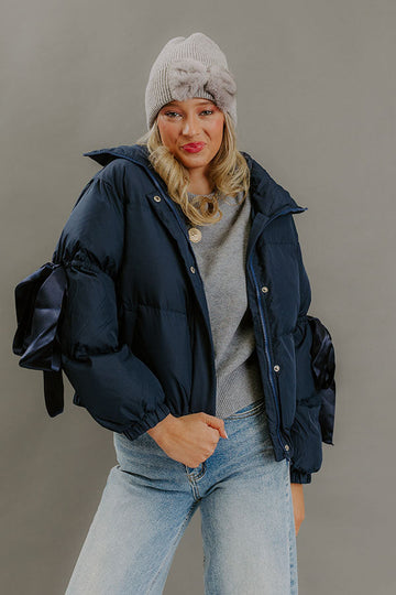 Quilted Puffer Jacket with Mock Neckline and Satin Bow Accents, Navy