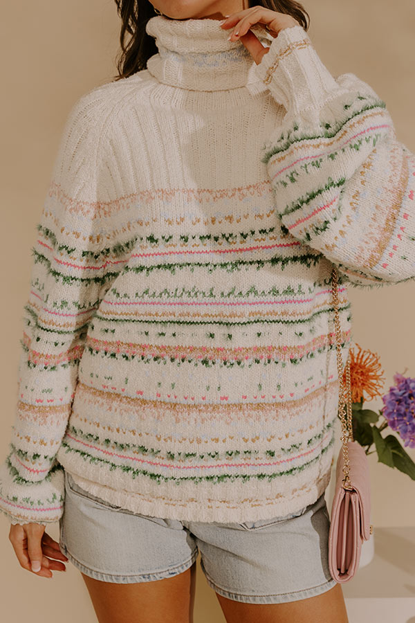 Multicolor Knit Turtleneck with Ribbed Cuffs and Long Sleeves