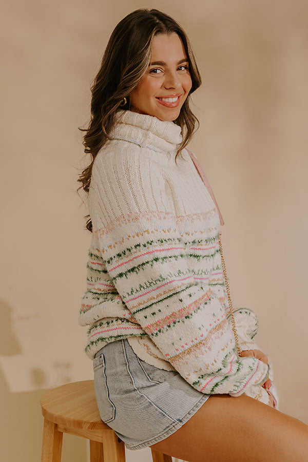 Multicolor Knit Turtleneck with Ribbed Cuffs and Long Sleeves