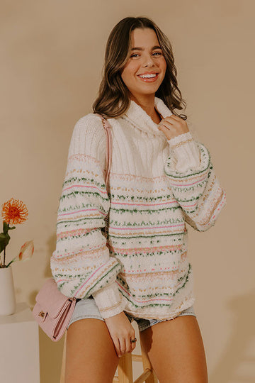 Multicolor Knit Turtleneck with Ribbed Cuffs and Long Sleeves