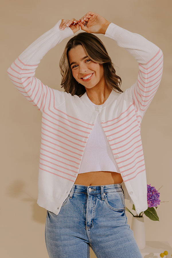 Pink Striped Cardigan with Button Front and Ribbed Cuffs