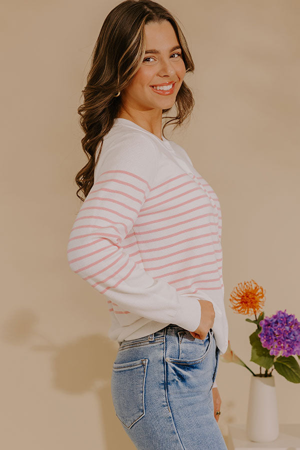 Pink Striped Cardigan with Button Front and Ribbed Cuffs