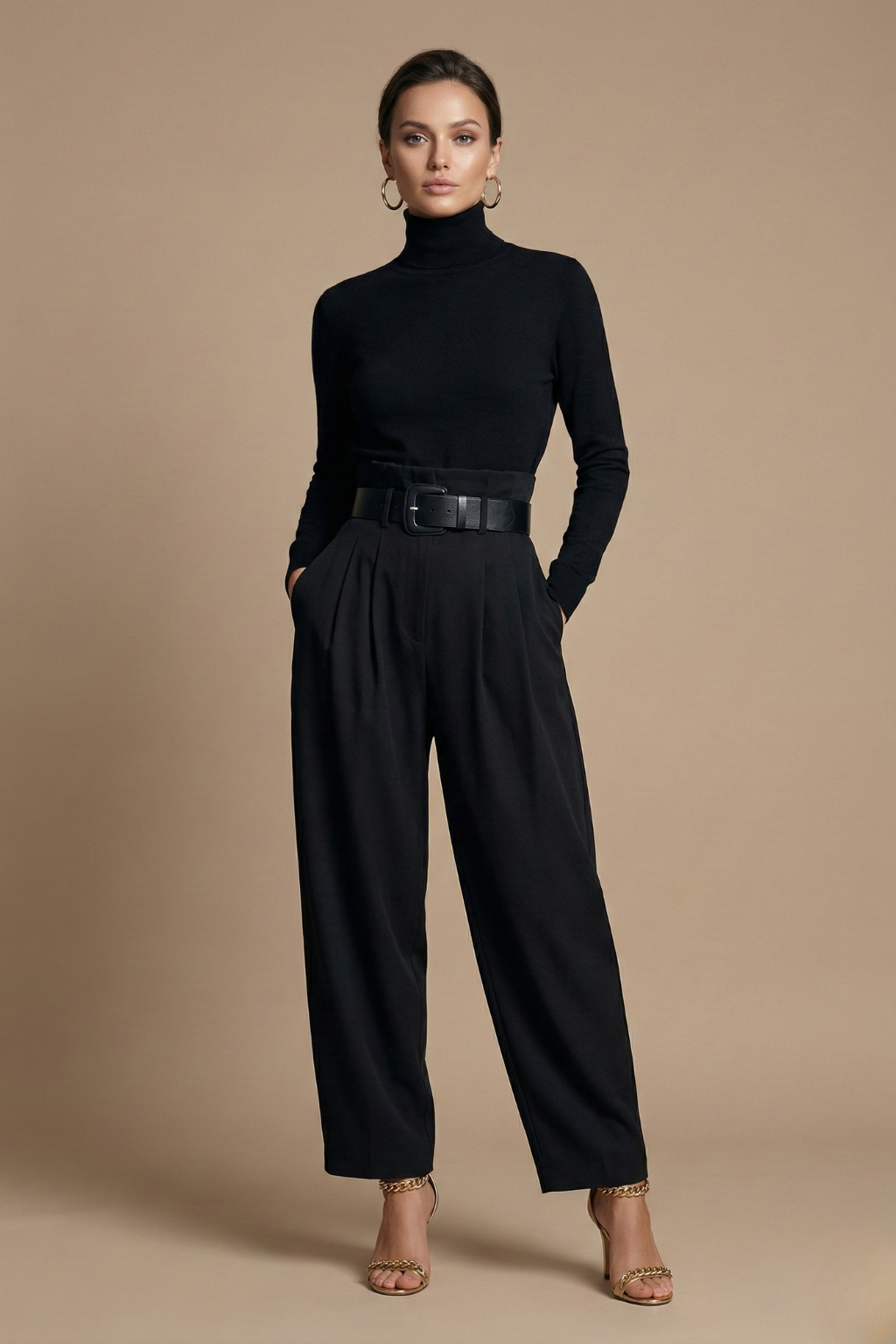 Conjunto de dos piezas para mujer - Top de manga larga con cuello alto - Pantalones de pierna recta con cinturón