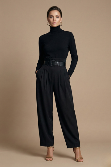 Conjunto de dos piezas para mujer - Top de manga larga con cuello alto - Pantalones de pierna recta con cinturón