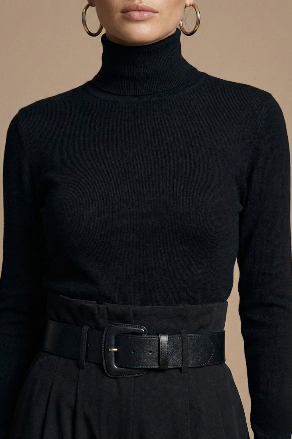 Conjunto de dos piezas para mujer - Top de manga larga con cuello alto - Pantalones de pierna recta con cinturón