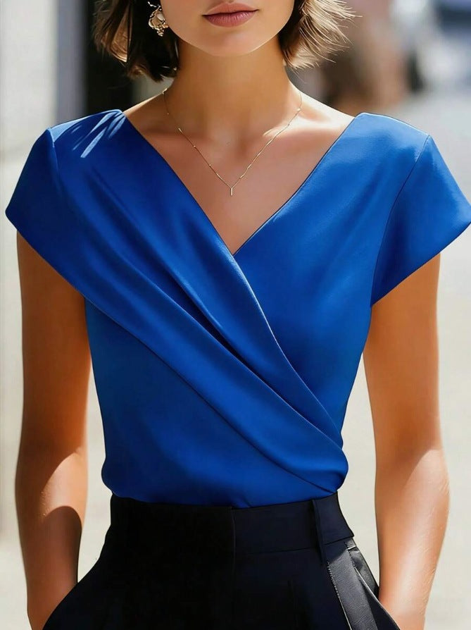Women's V-Neck Cap Sleeve Crossover Draped Wrap Blouse