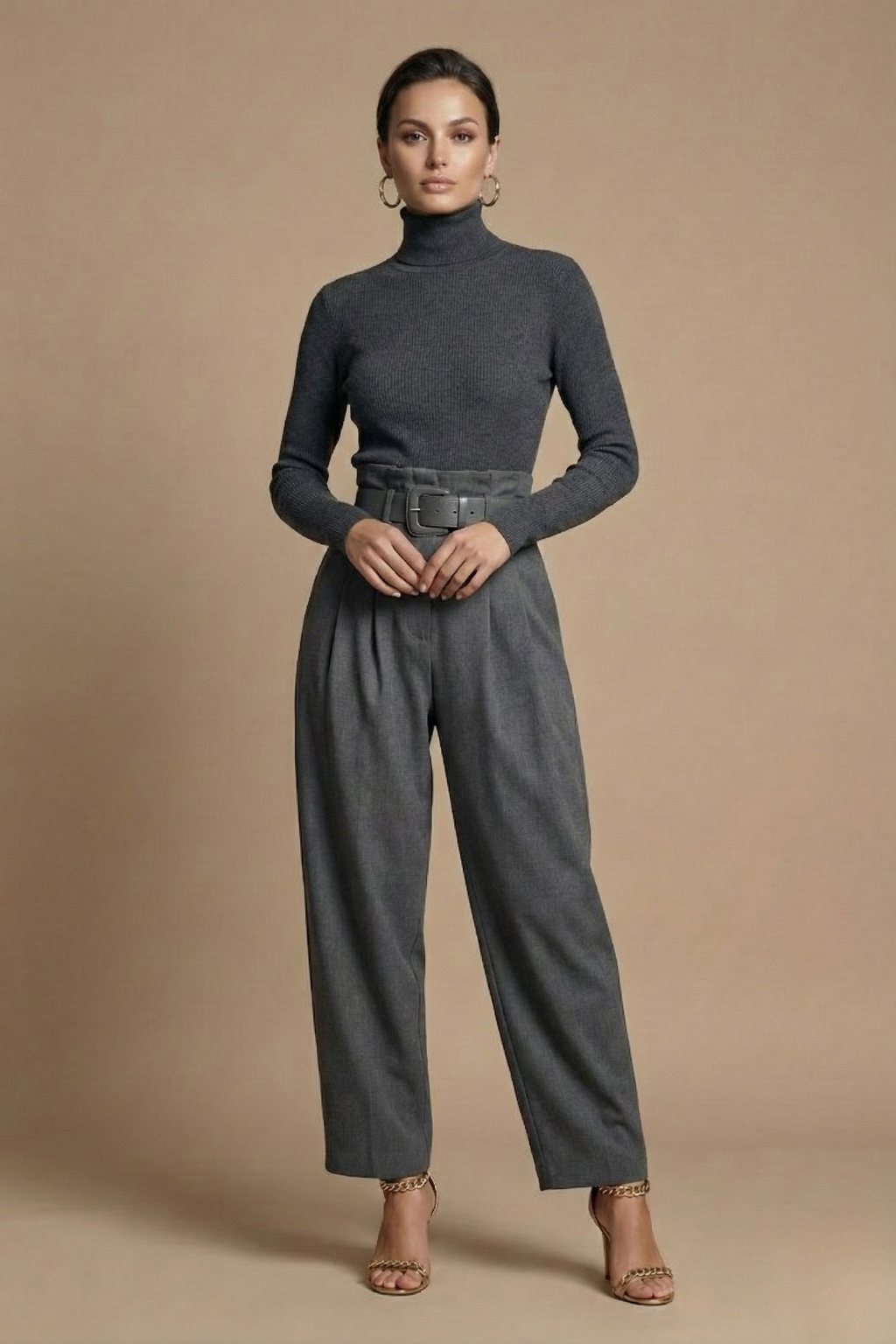 Conjunto de dos piezas para mujer - Top de manga larga con cuello alto - Pantalones de pierna recta con cinturón