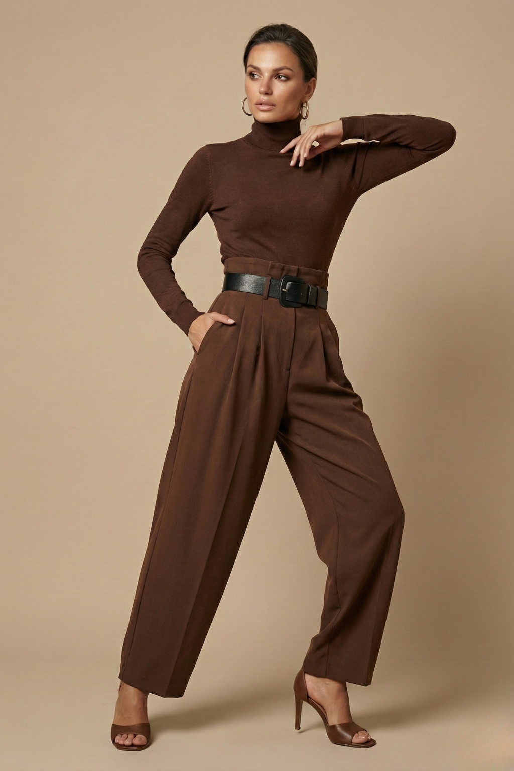 Conjunto de dos piezas para mujer - Top de manga larga con cuello alto - Pantalones de pierna recta con cinturón