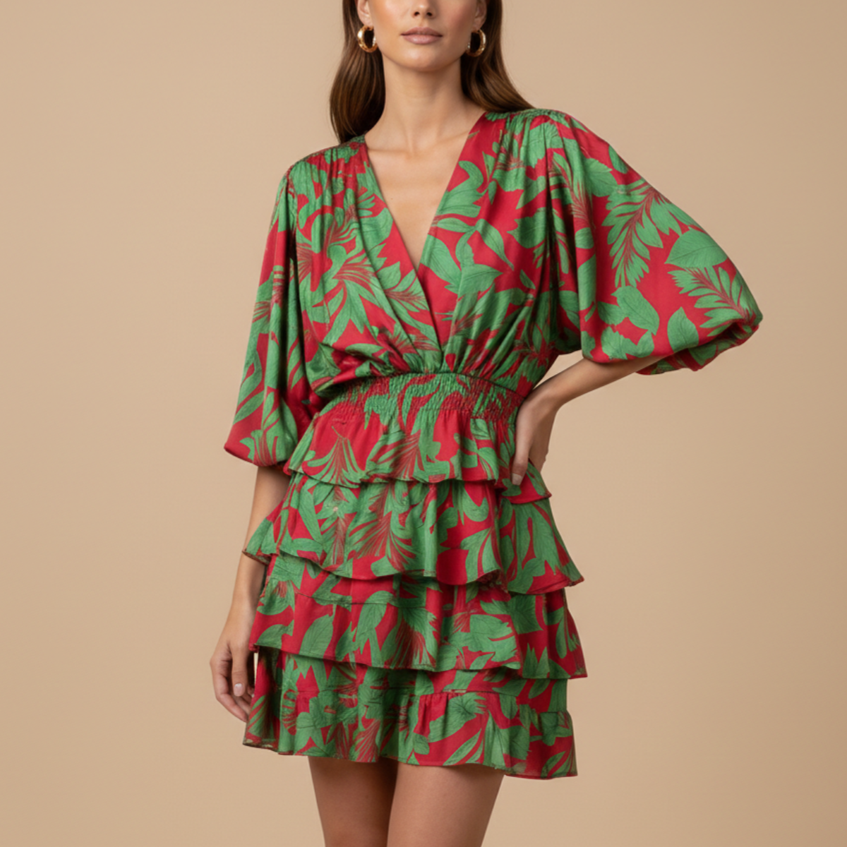 Women’s V-Neck Floral Mini Dress with Short Sleeves and Tiered Skirt