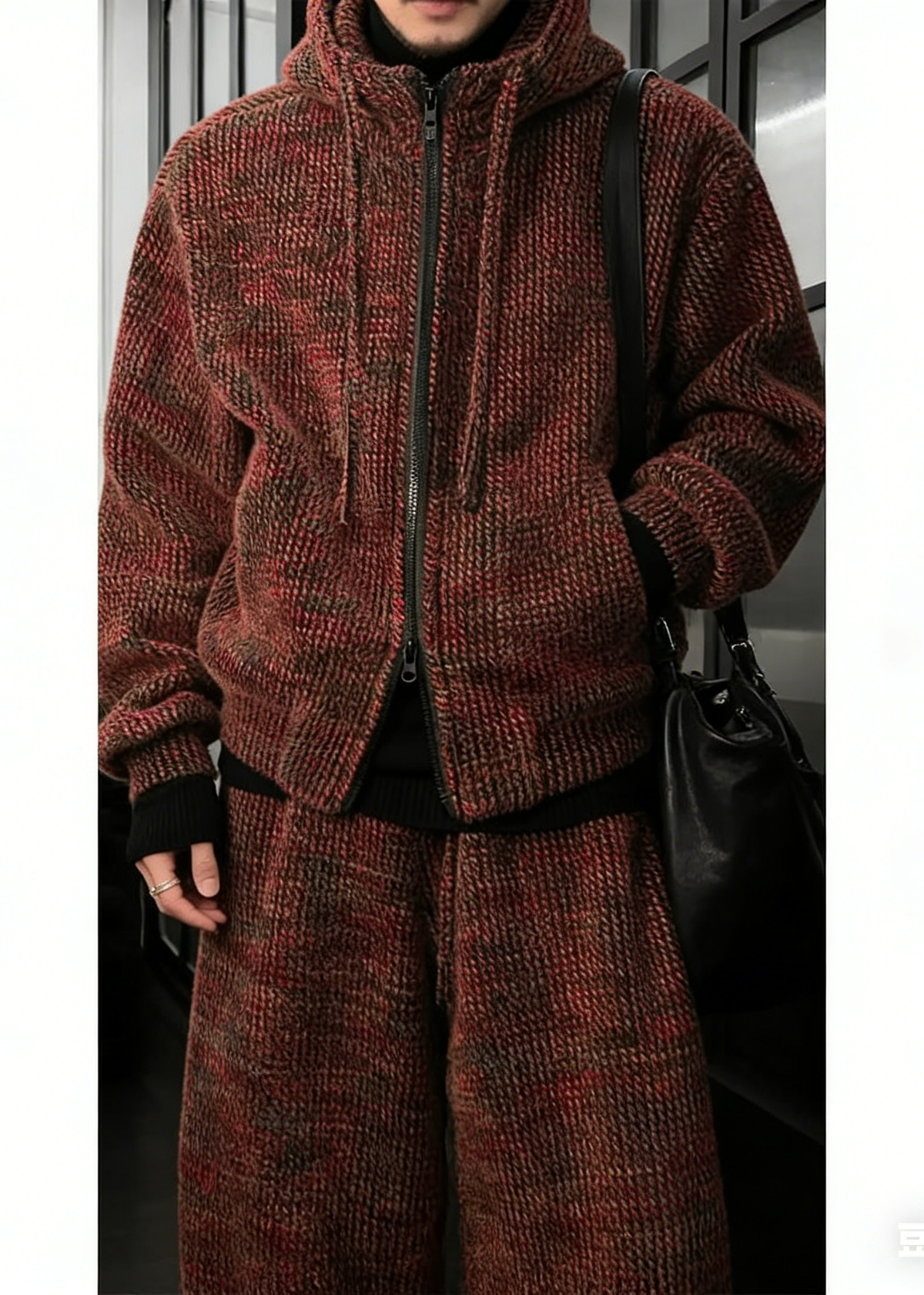 Men's Knit Hoodie and Wide Leg Pants Set with Textured Mixed Color Yarn