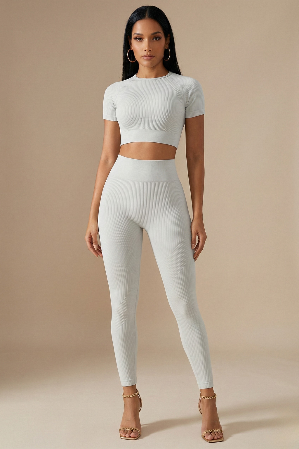 Women Two Piece Yoga Set - Short Sleeve Crop Top - High Waist Leggings