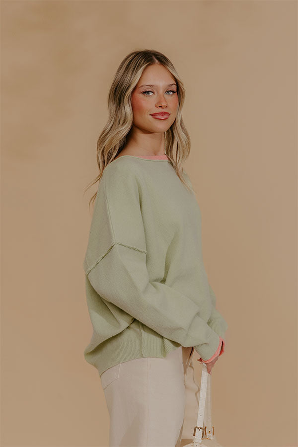 Relaxed Fit Knit Top with Coral Trim and Visible Seam Details