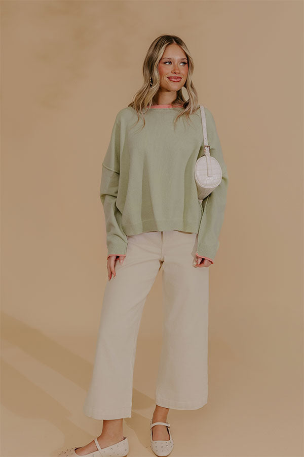 Relaxed Fit Knit Top with Coral Trim and Visible Seam Details