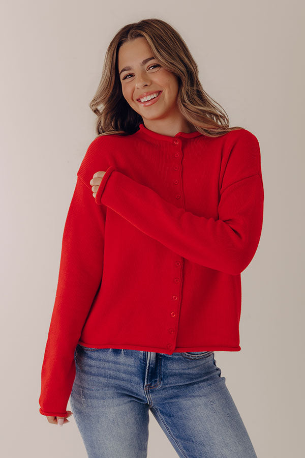 Button Front Knit Cardigan with Rolled Edges and Relaxed Fit