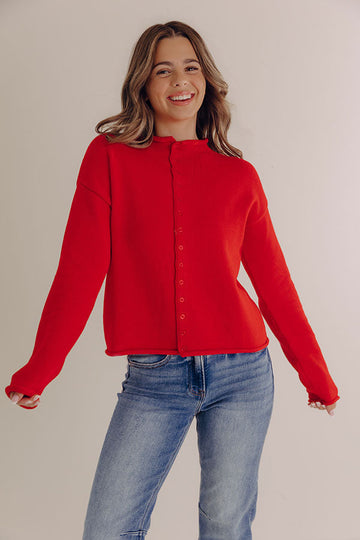 Button Front Knit Cardigan with Rolled Edges and Relaxed Fit
