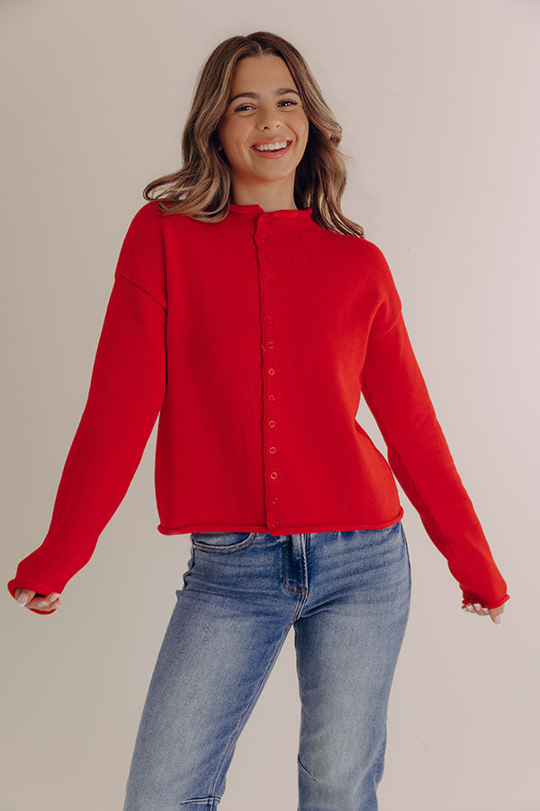 Button Front Knit Cardigan with Rolled Edges and Relaxed Fit