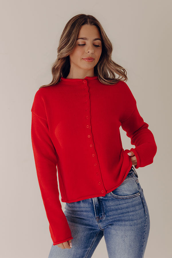 Button Front Knit Cardigan with Rolled Edges and Relaxed Fit