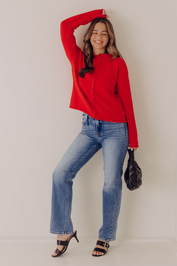 Button Front Knit Cardigan with Rolled Edges and Relaxed Fit