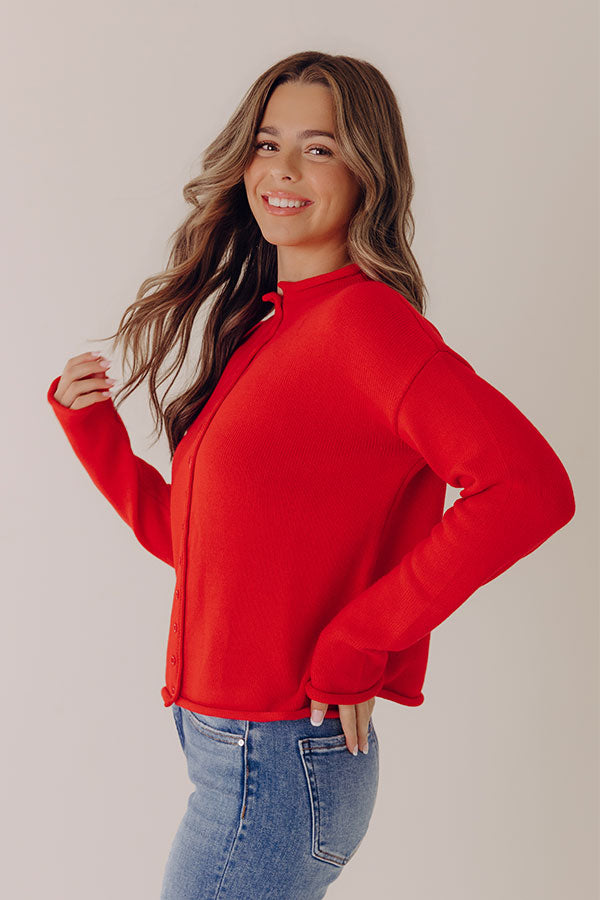 Button Front Knit Cardigan with Rolled Edges and Relaxed Fit
